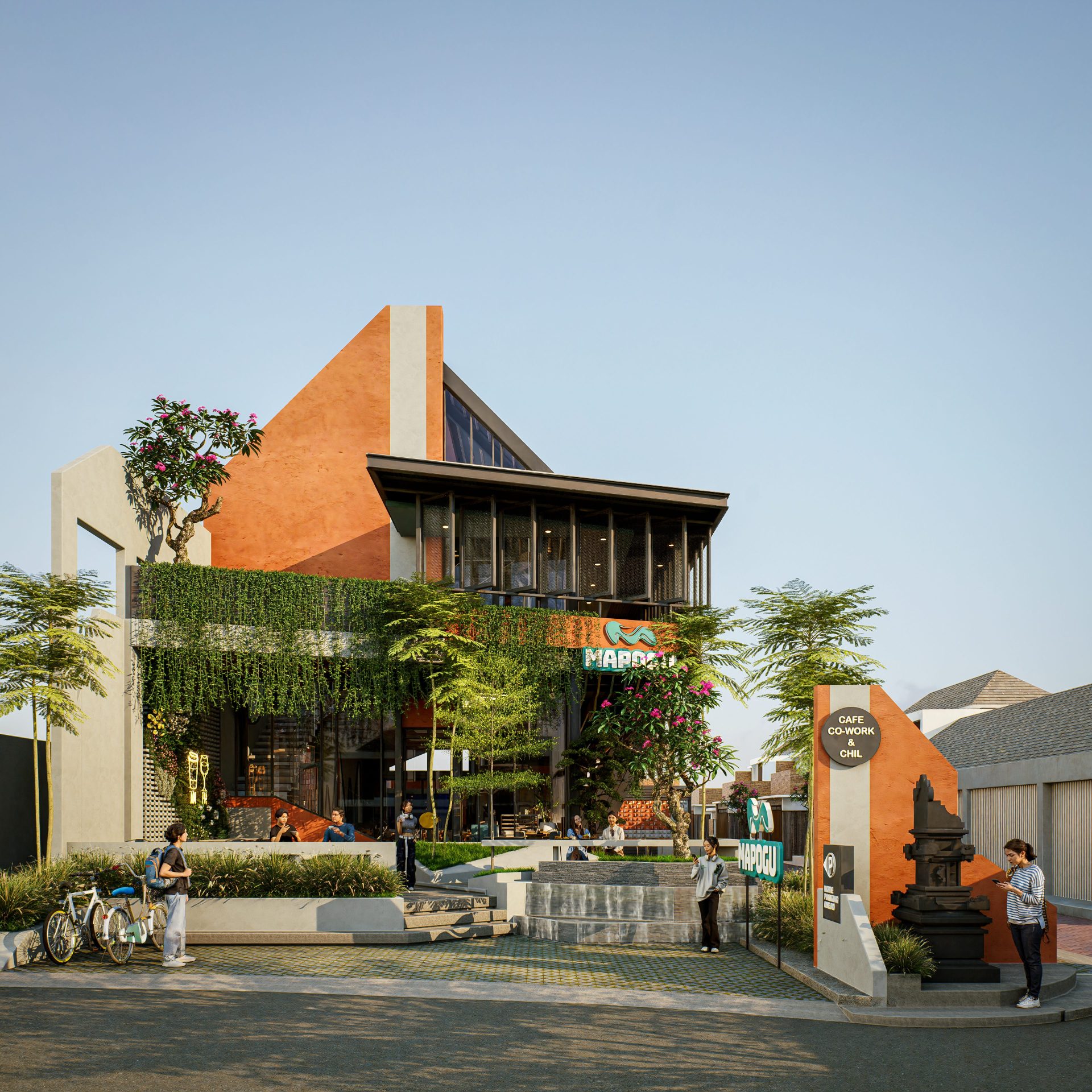 Modern orange cafe and co-working building exterior