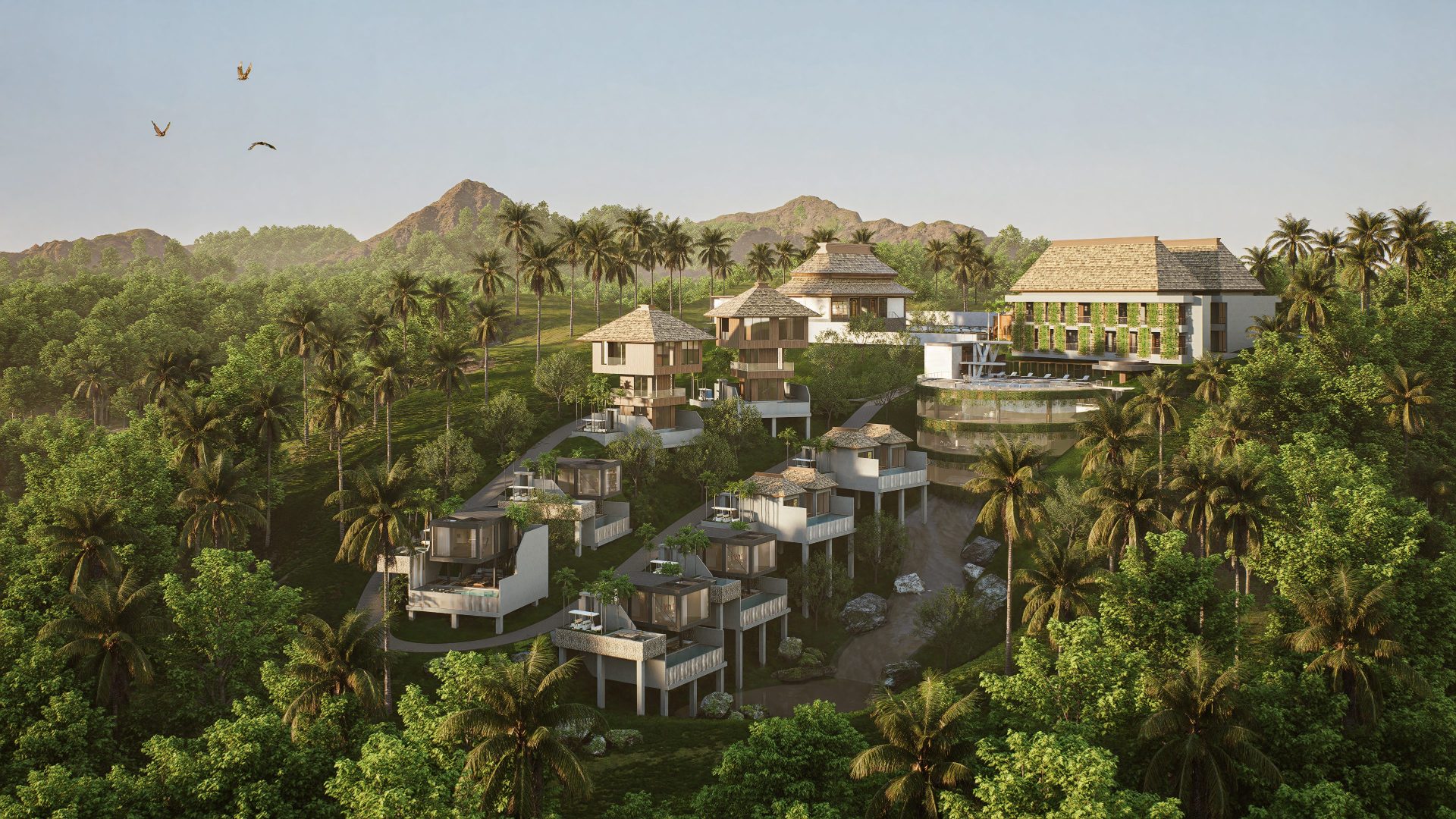 Hillside resort with villas among palm trees