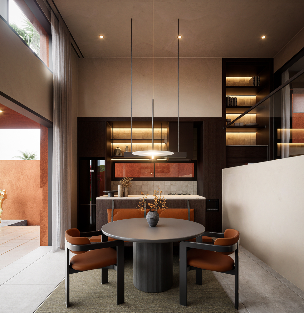 Modern dining area with round table and brown chairs