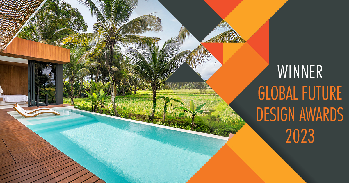 Poolside villa with tropical palms and award graphic