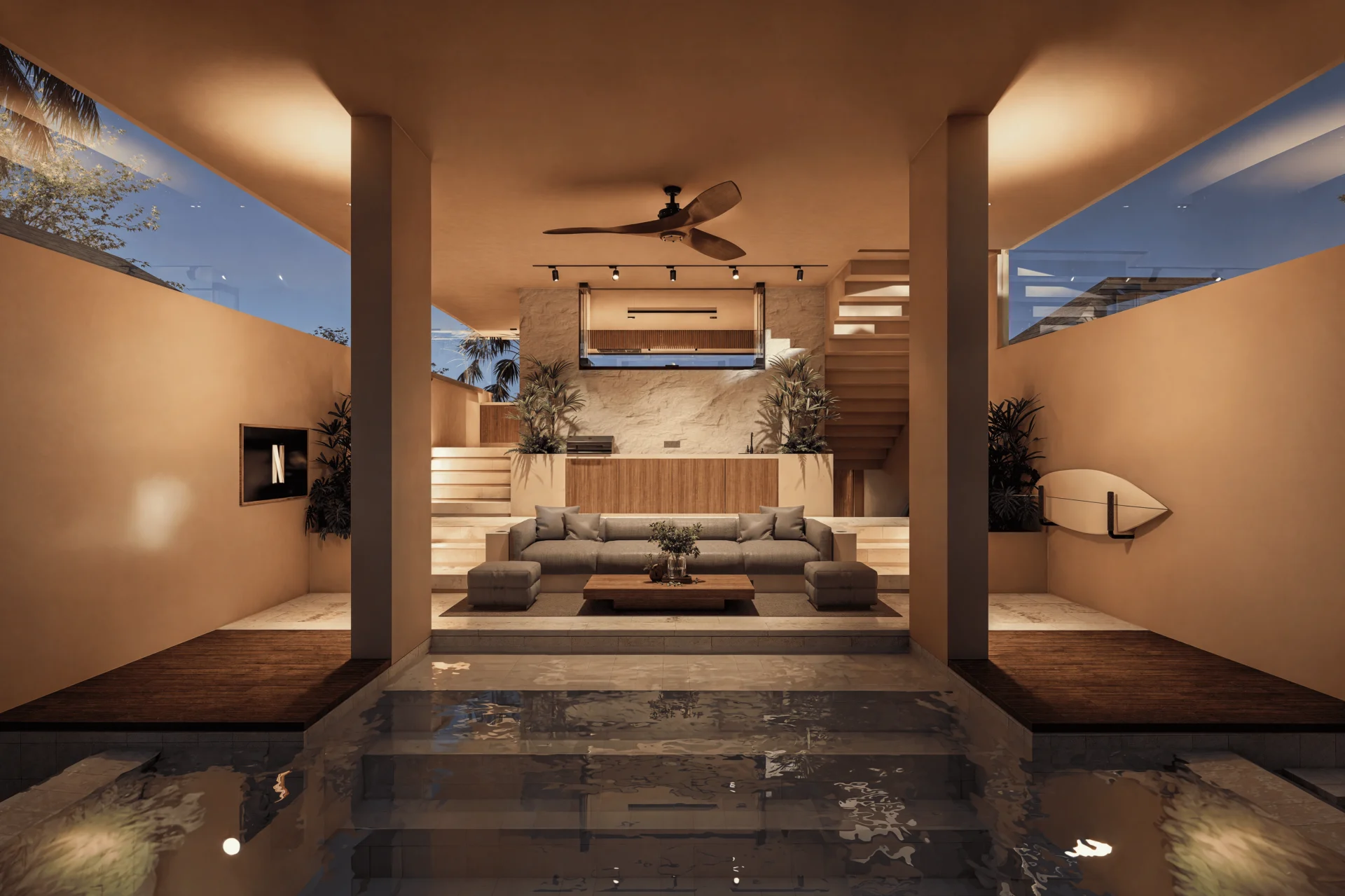 Modern outdoor lounge with sunken seating and pool