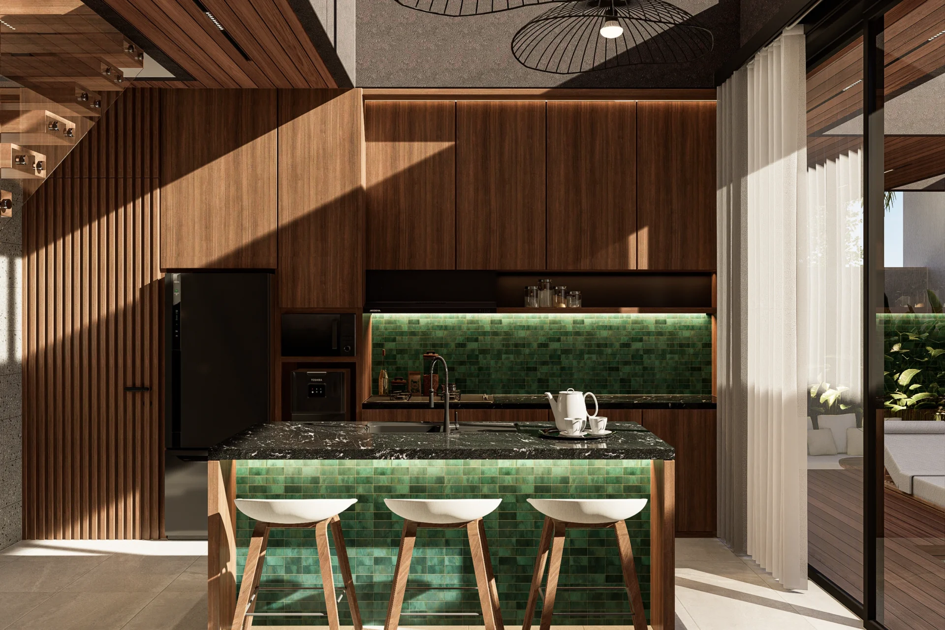 Modern kitchen with green tiled island and wood cabinetry