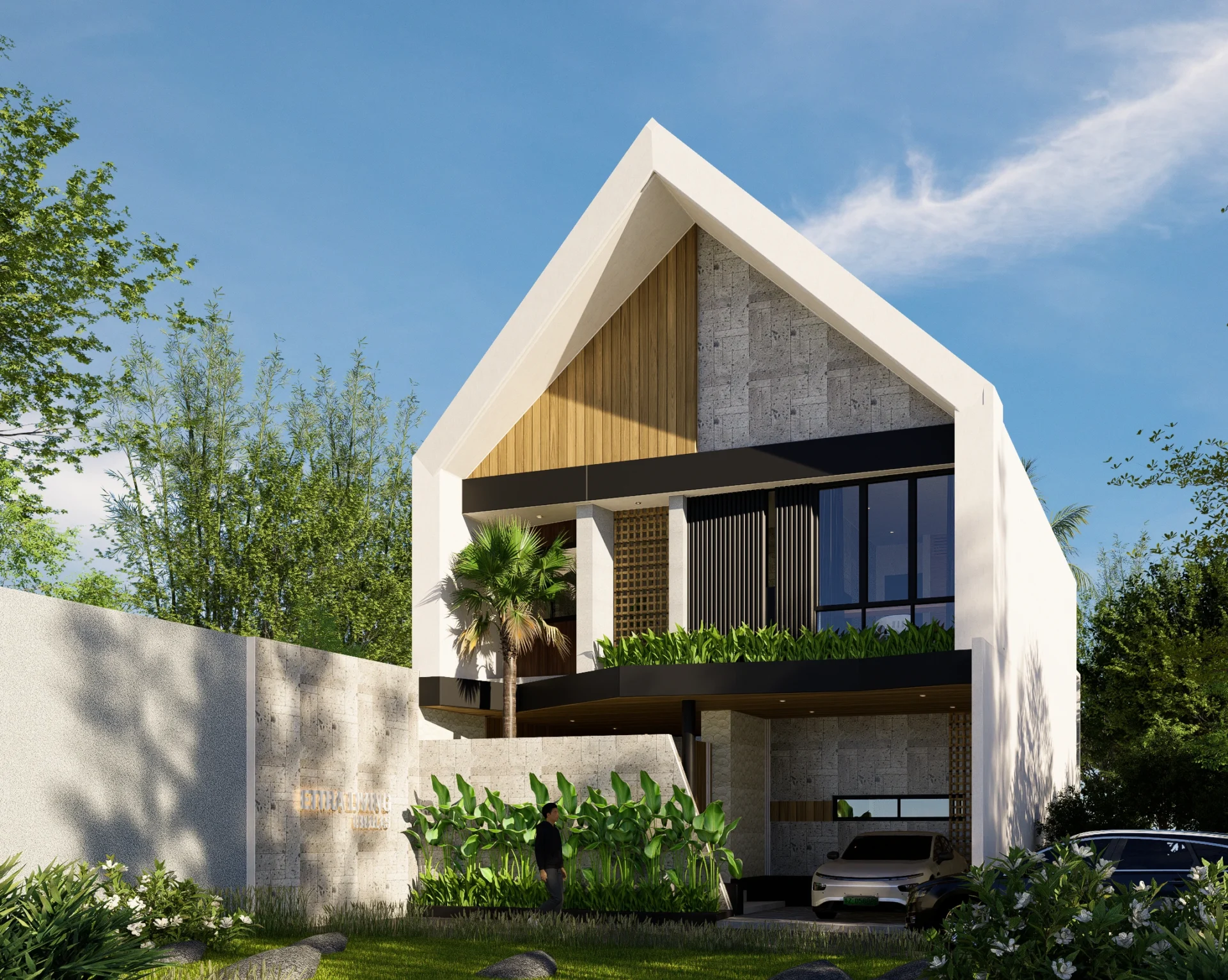 Modern gable-front house exterior with garage