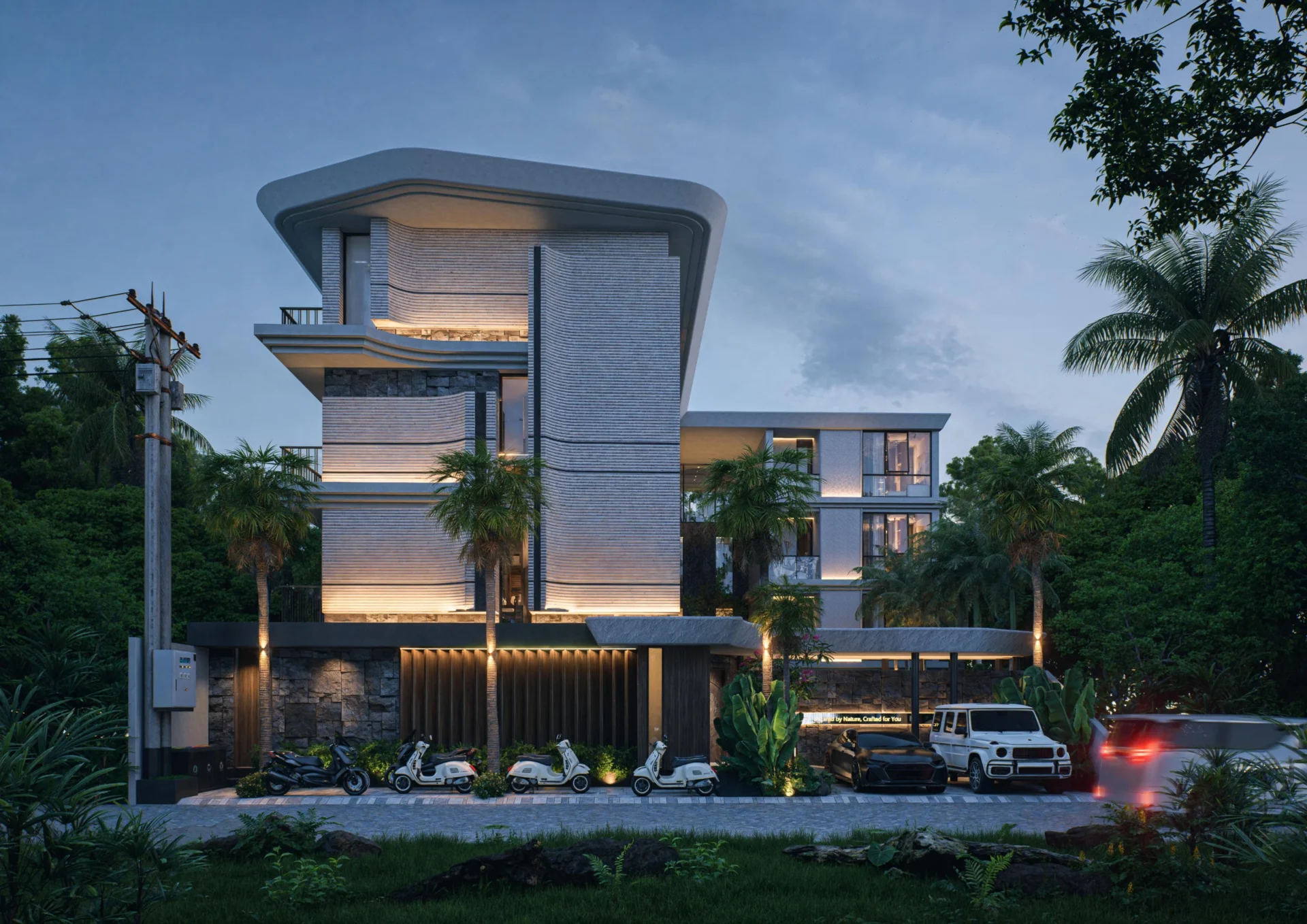 Modern apartment building and parked scooters at dusk