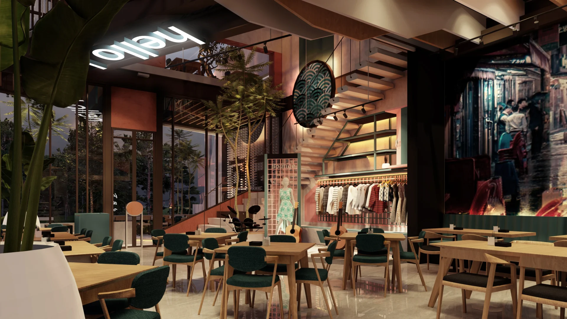 Stylish cafe interior with wooden tables and green chairs