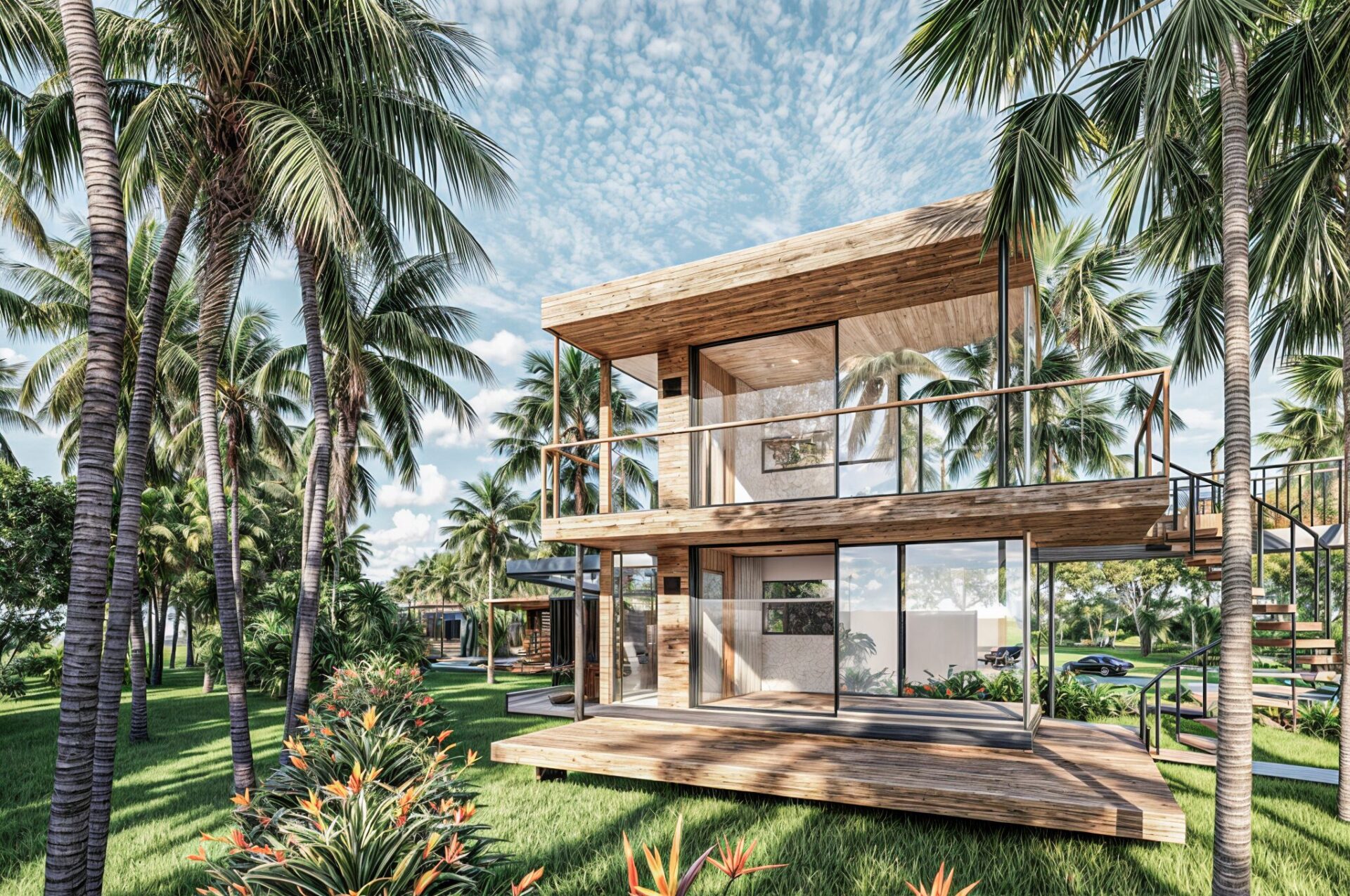 Tropical two-story wooden villa surrounded by palm trees