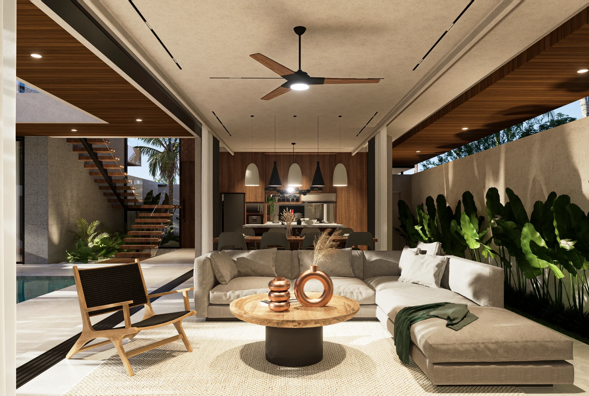 Modern open living room with sectional sofa and coffee table