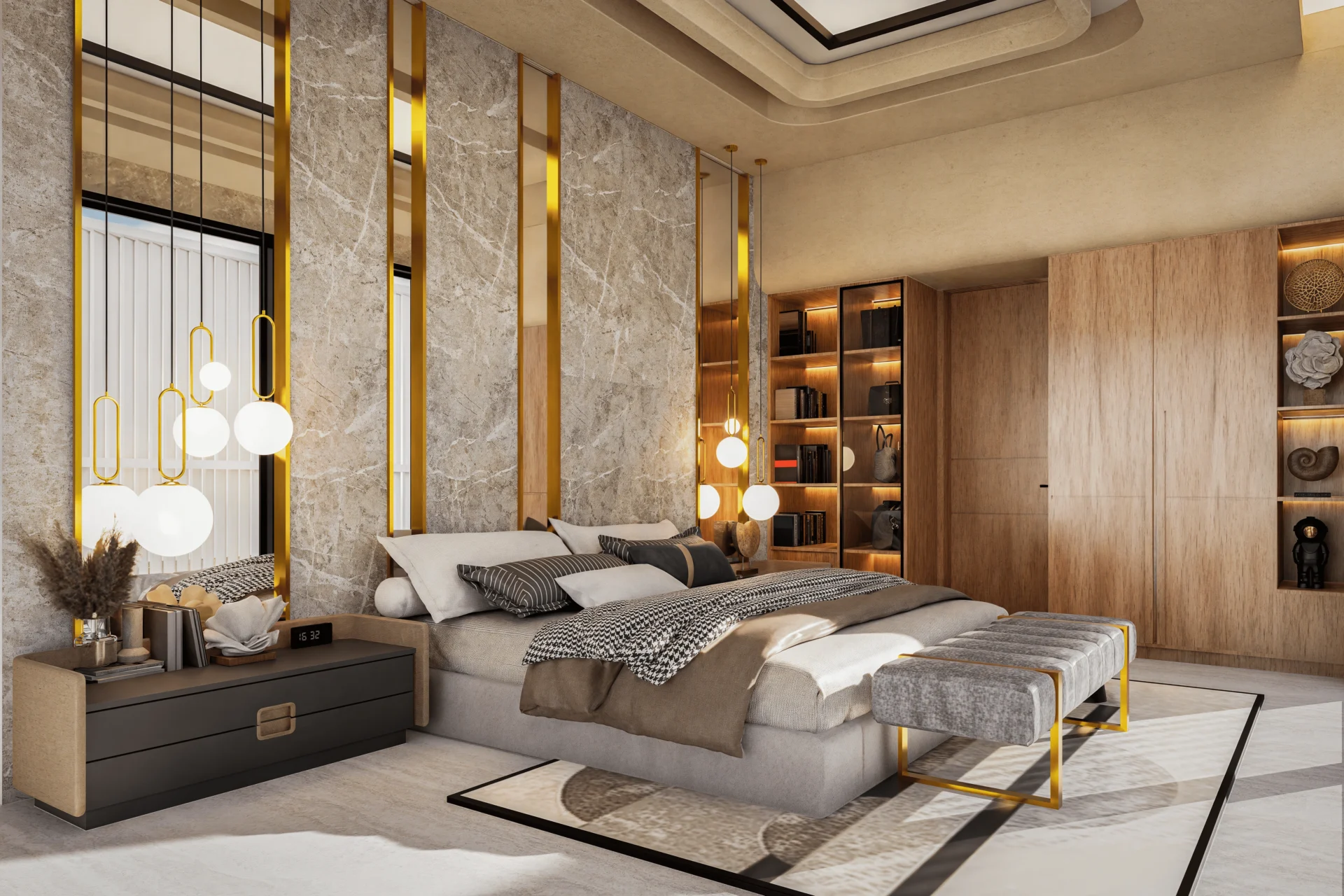 Luxury modern bedroom with marble and gold accents