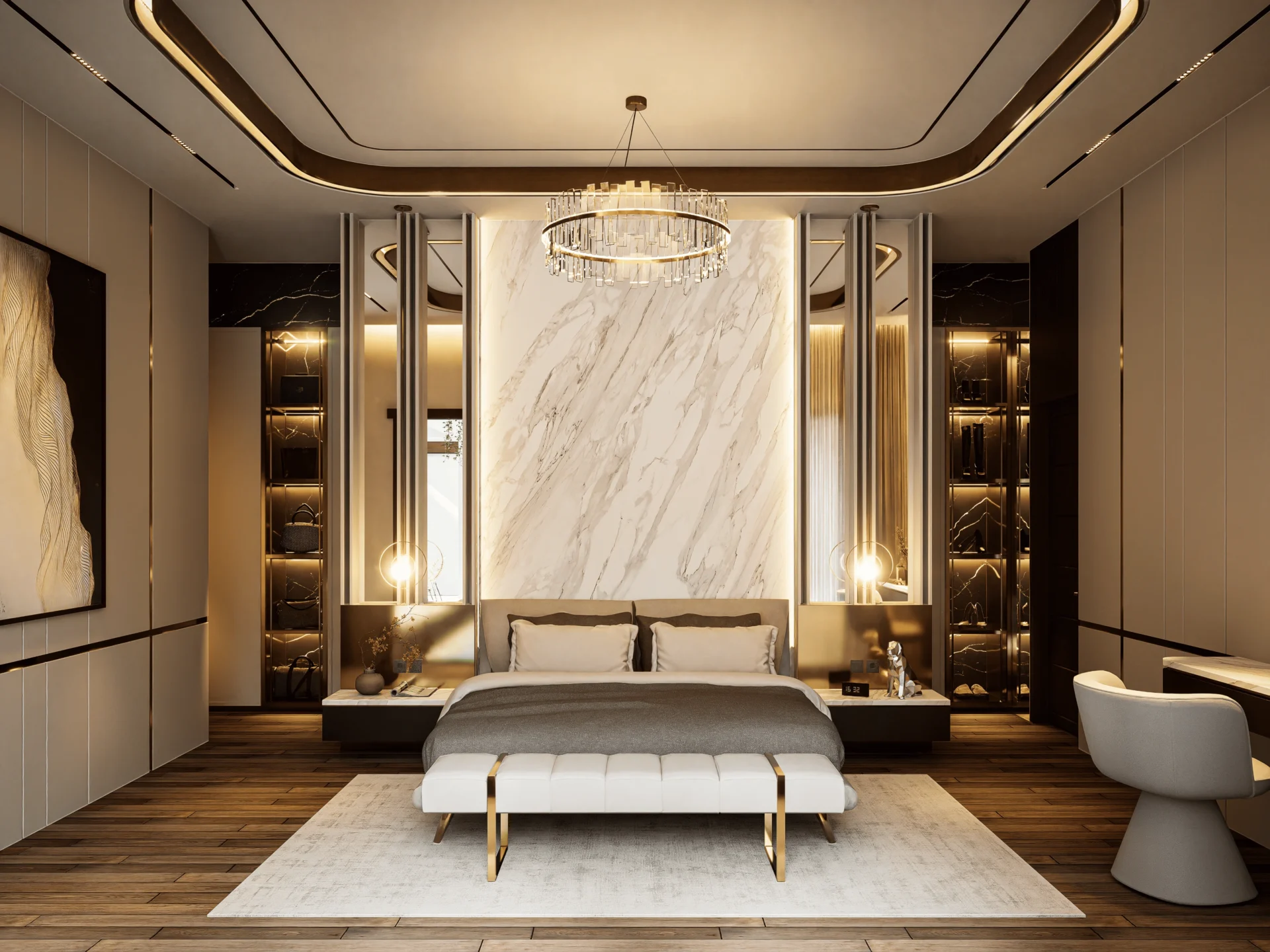 Luxurious modern bedroom with marble accent wall