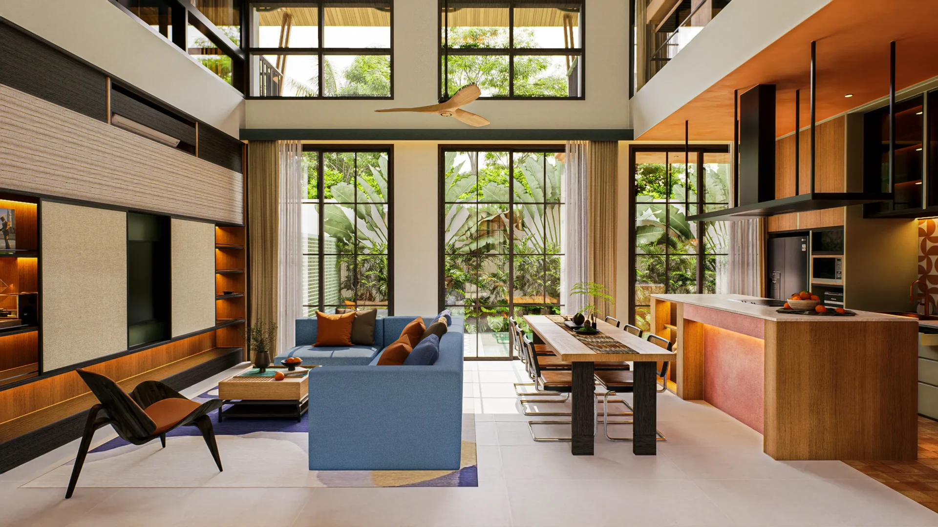 Open-plan living and dining area with tall windows