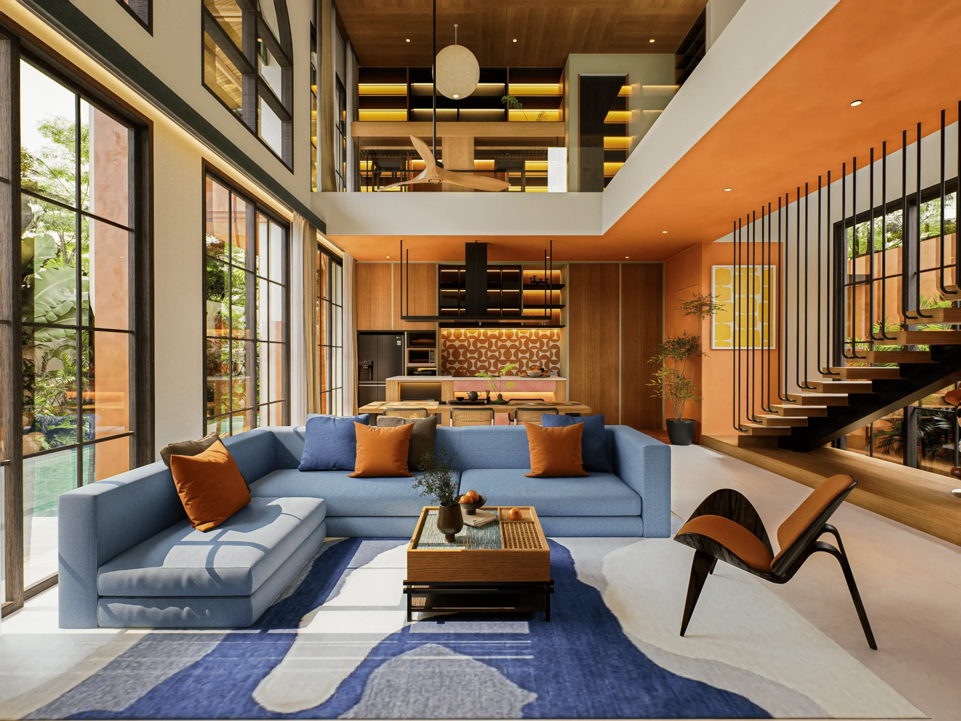 Double-height living room with blue sectional