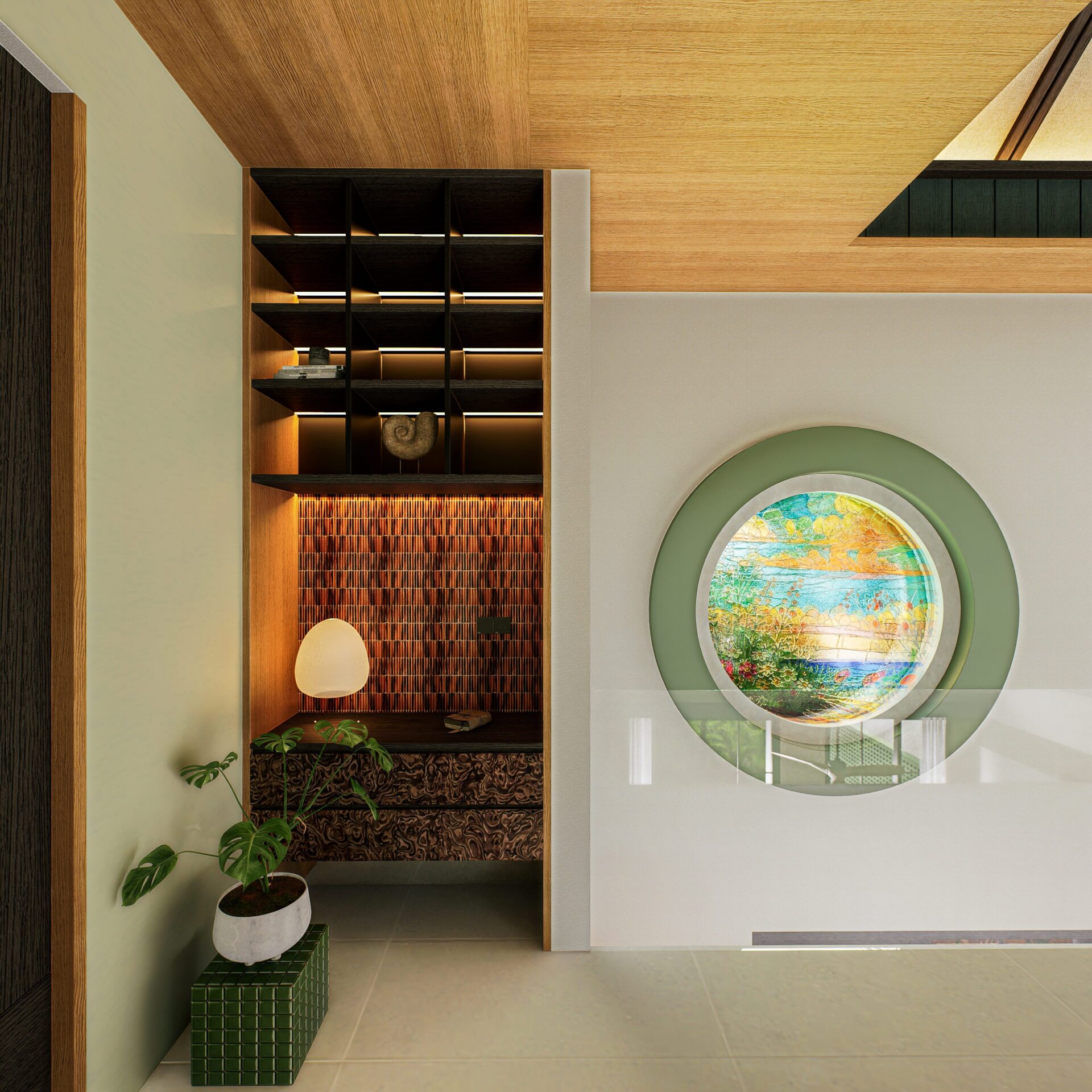 Modern foyer with round colorful window and shelving