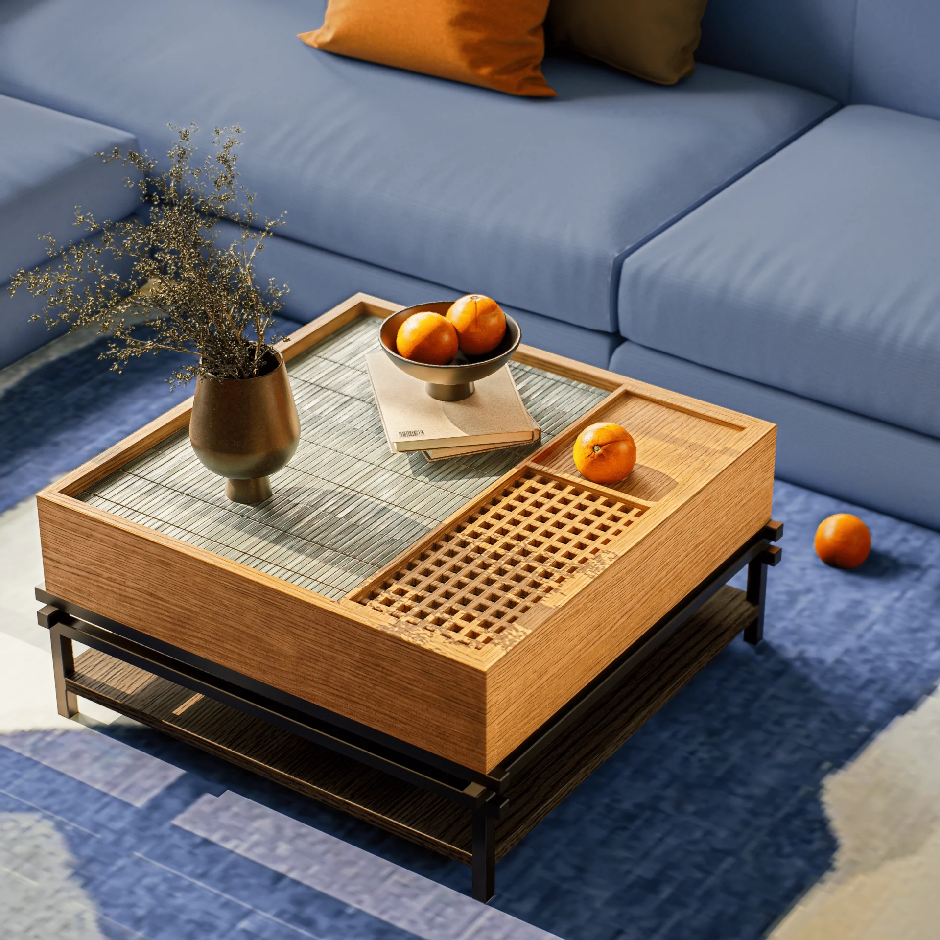 Living room with wooden coffee table and blue sofa