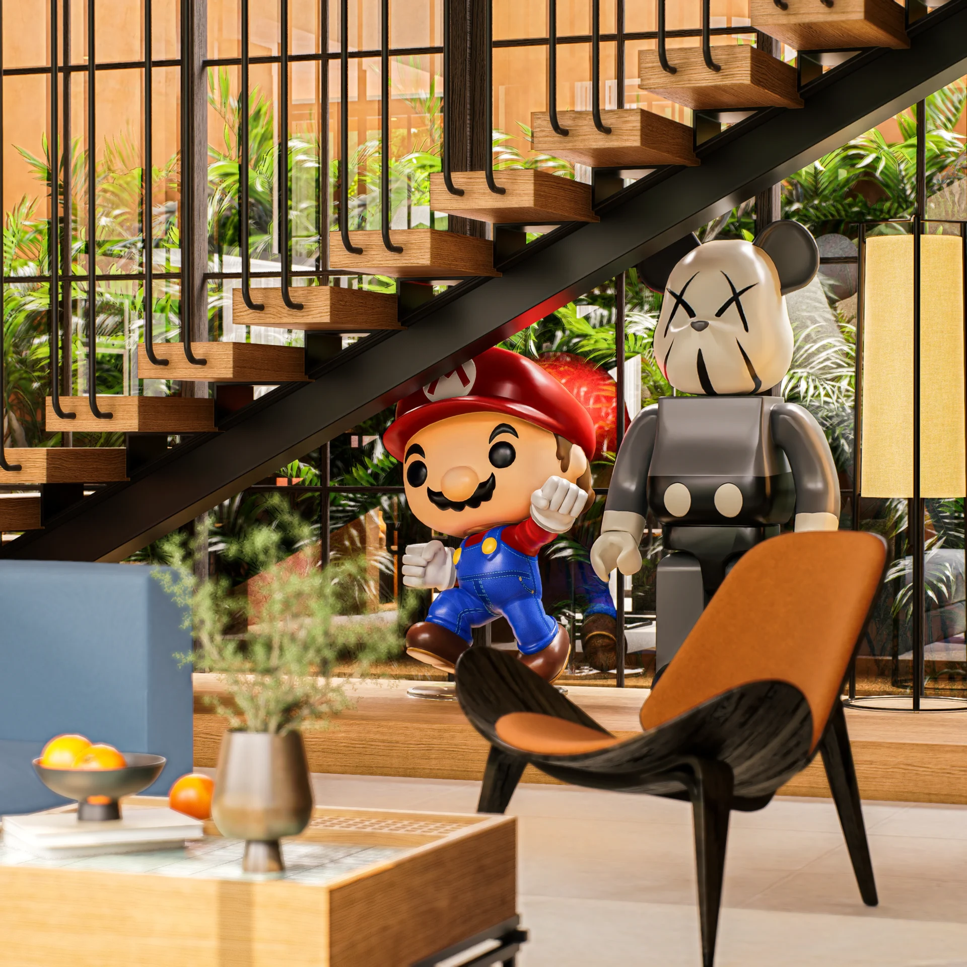 Modern living room with oversized figurines under stairs