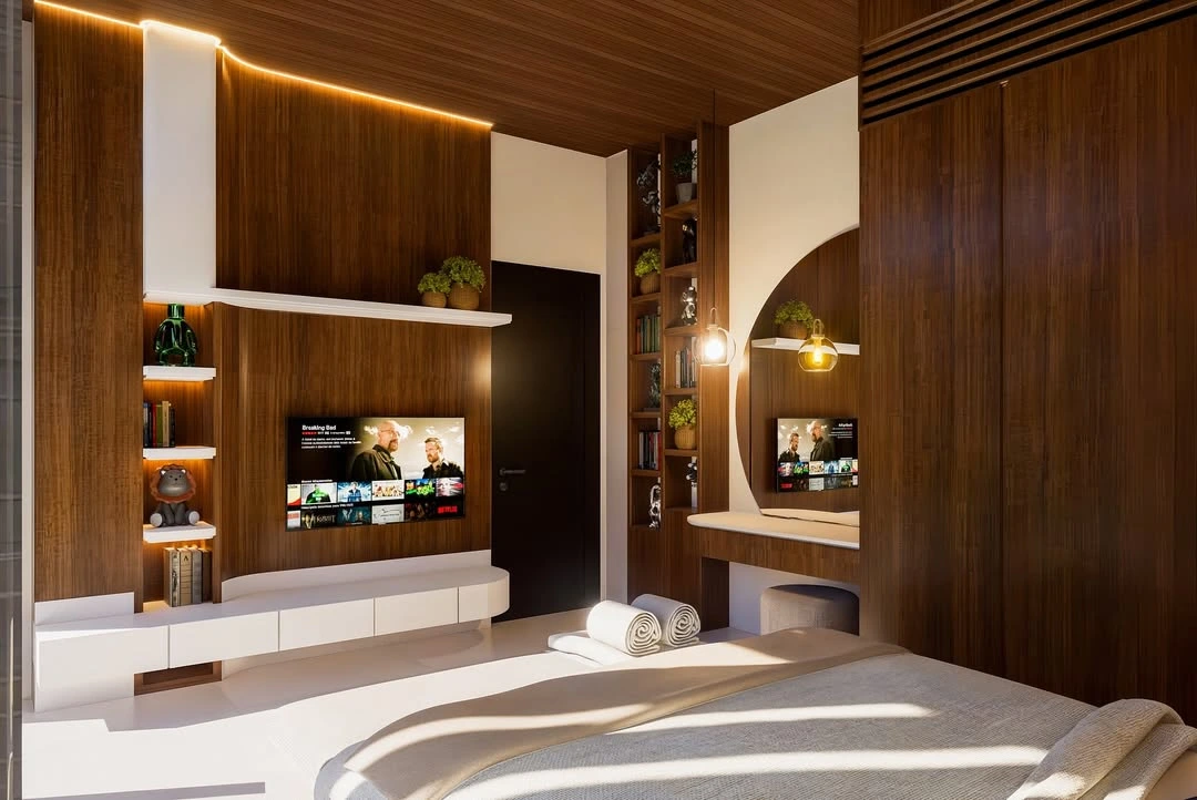 Modern wood-paneled bedroom with TV and vanity
