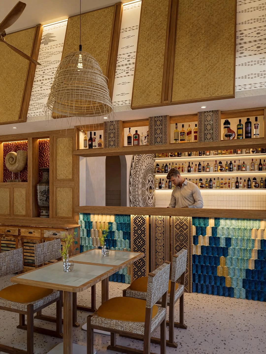 Cozy wooden bar and dining area with blue mosaic barfront