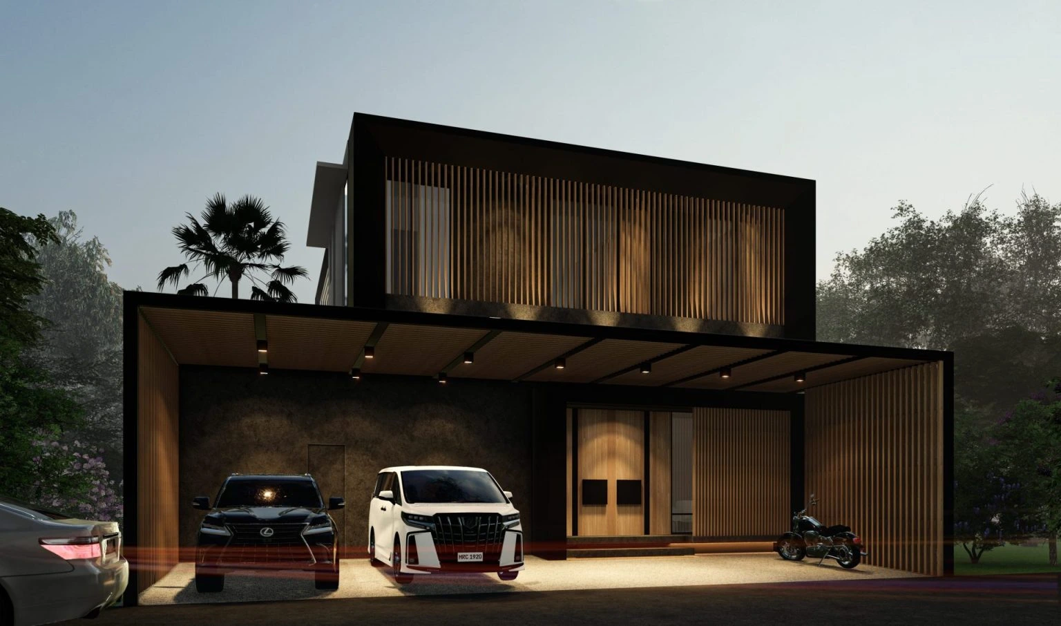 Illuminated modern two-story house with garage and vehicles