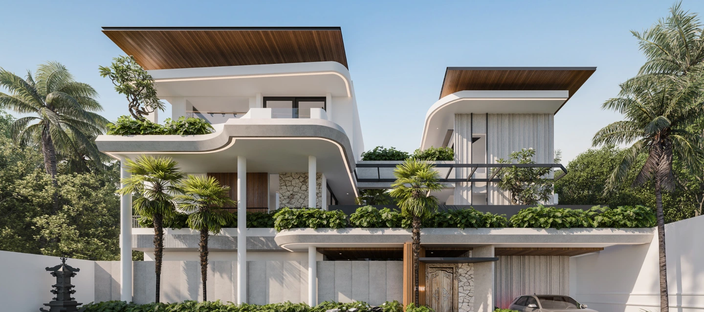 Modern tropical villa exterior with curved balconies