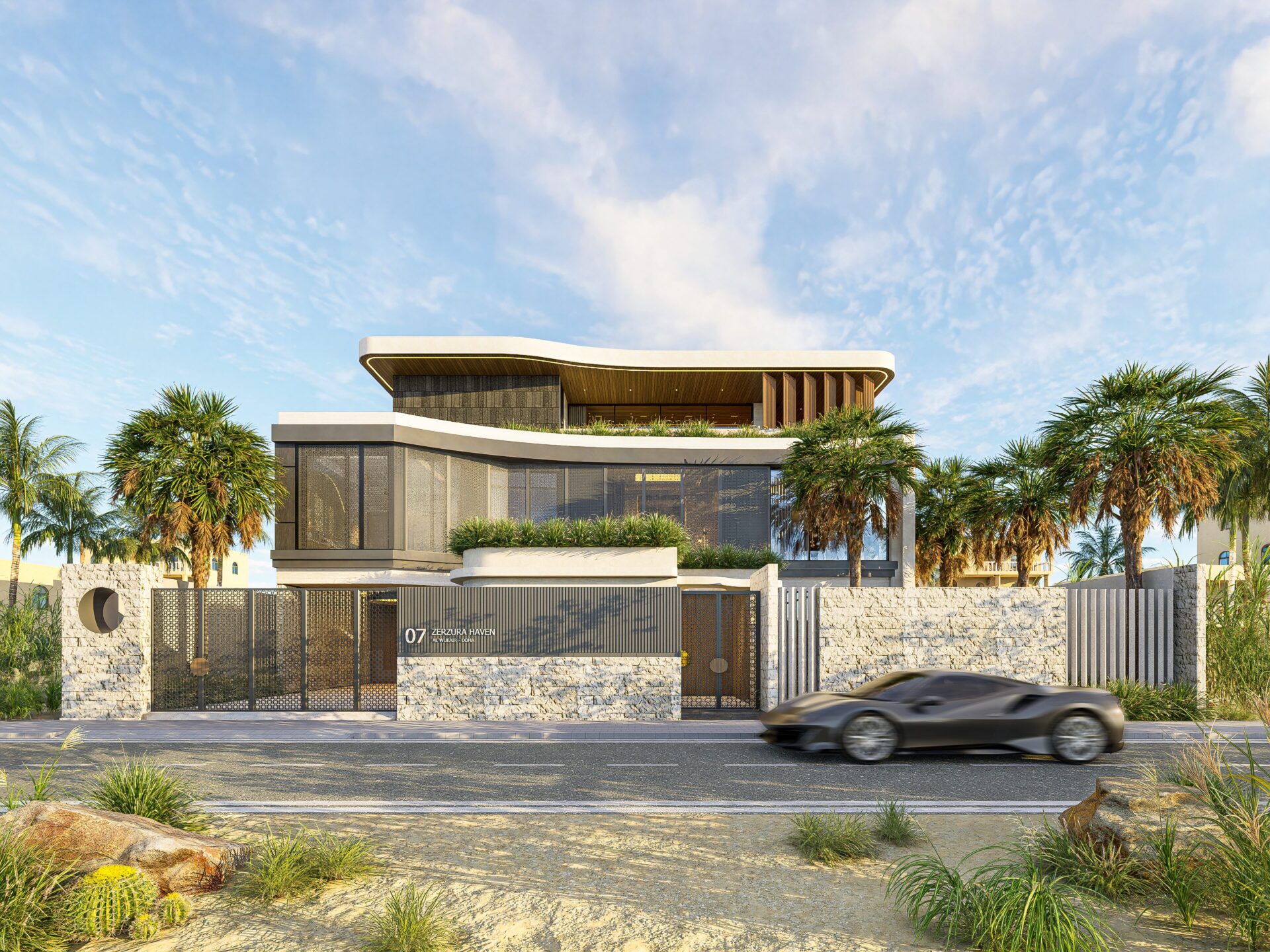 Modern gated villa with palm trees and sports car