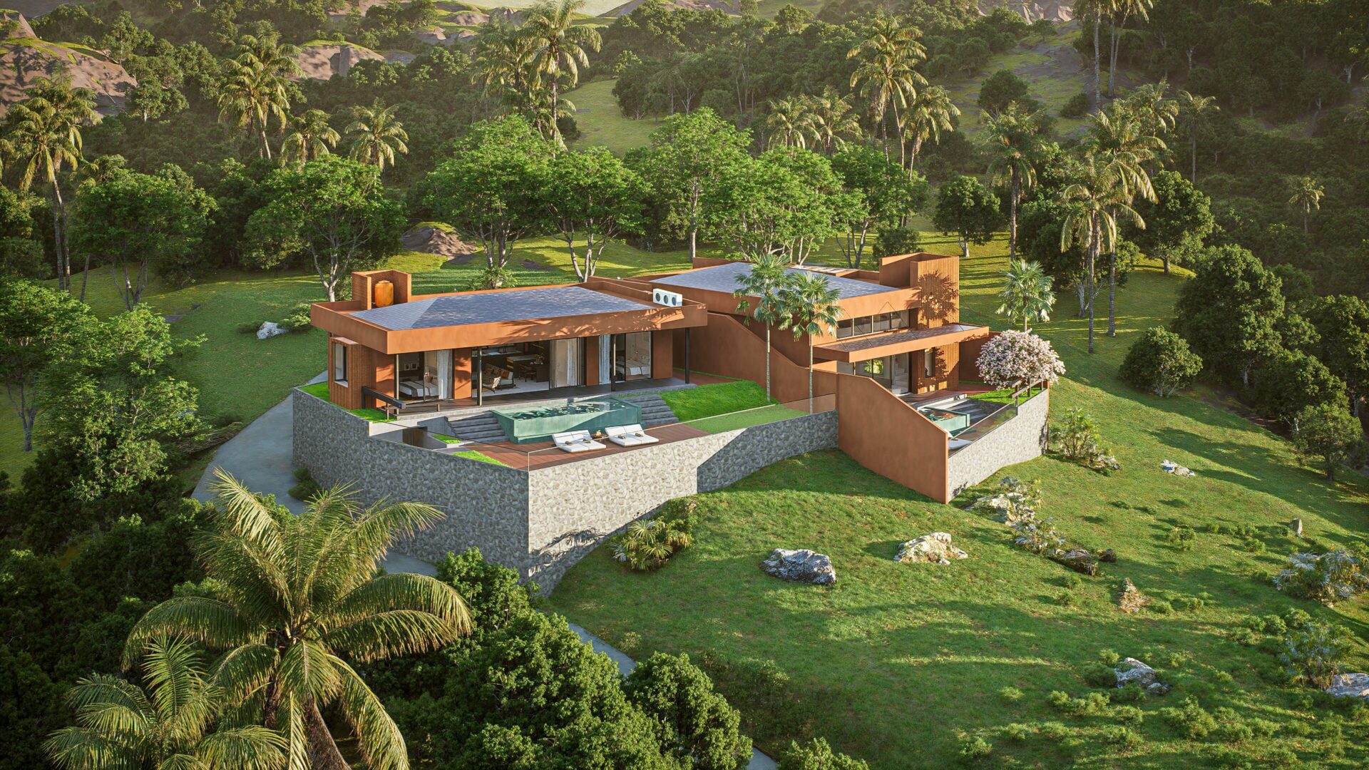 Modern hillside villa with pools and palm trees