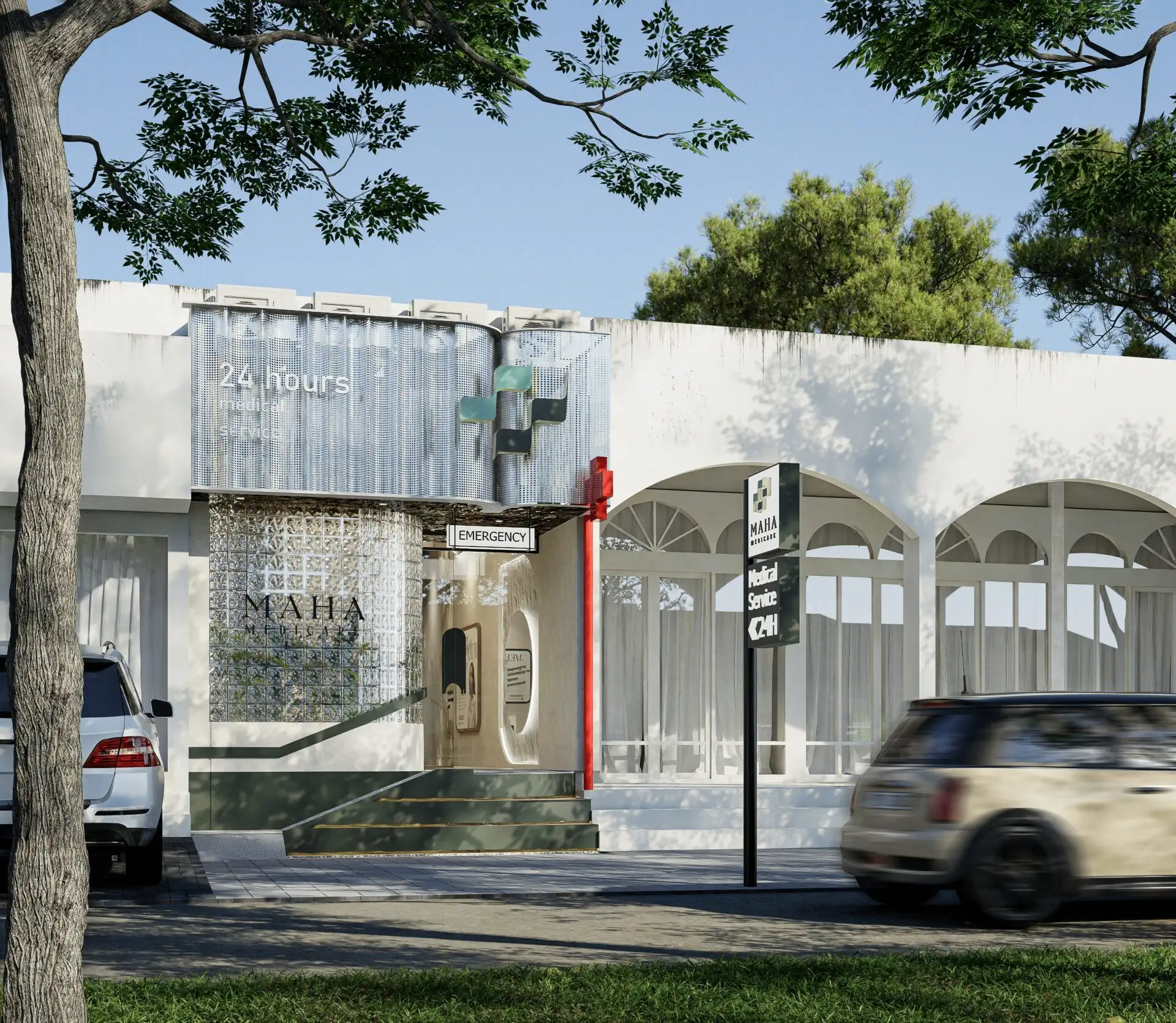 modern white building with arched windows