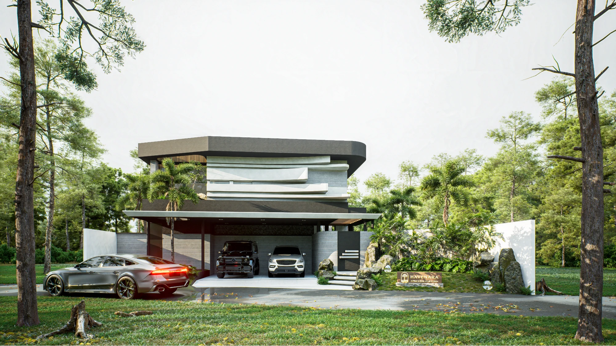 modern tropical house with luxury cars